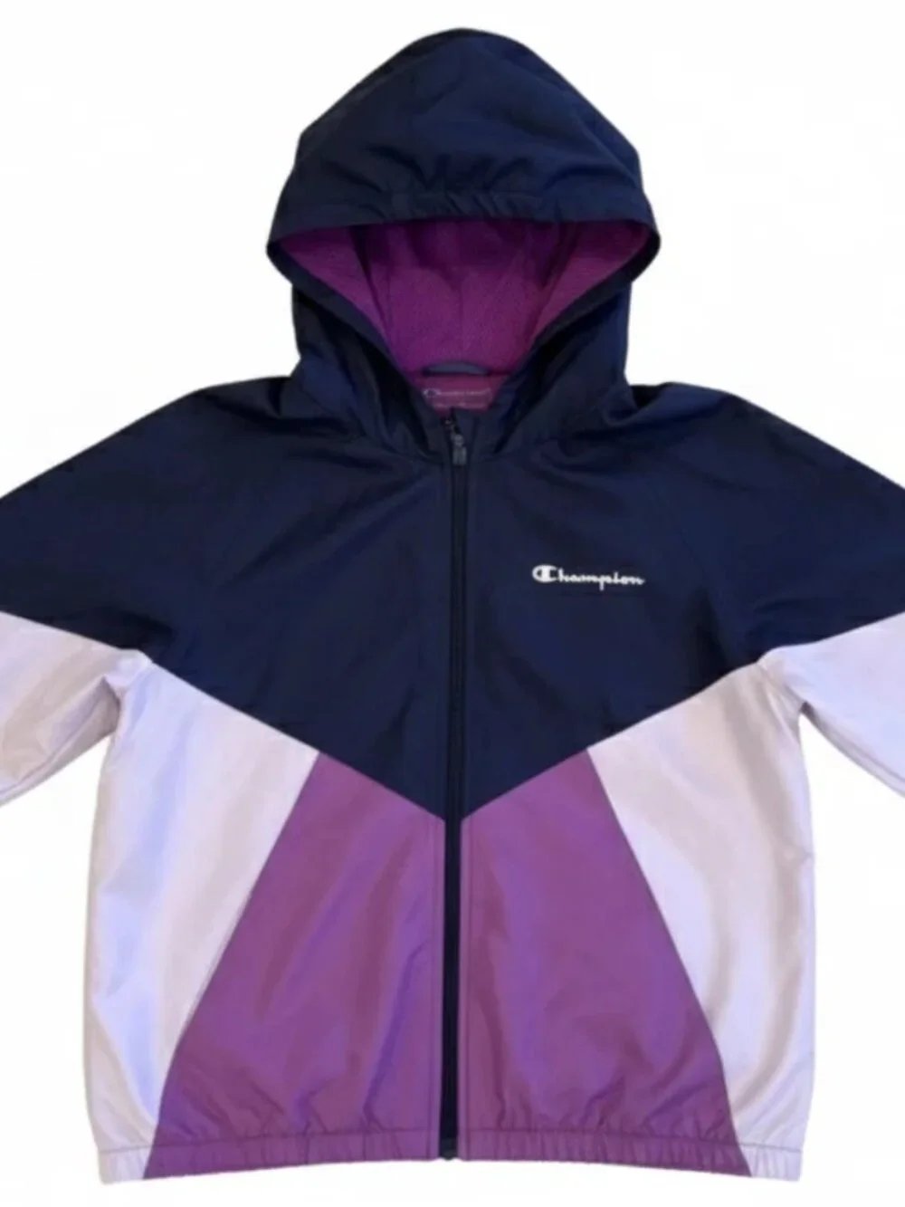 Champion Girls XL 14/16 Windbreaker Jacket Navy Purple Lilac Colorblock Mesh Hoo